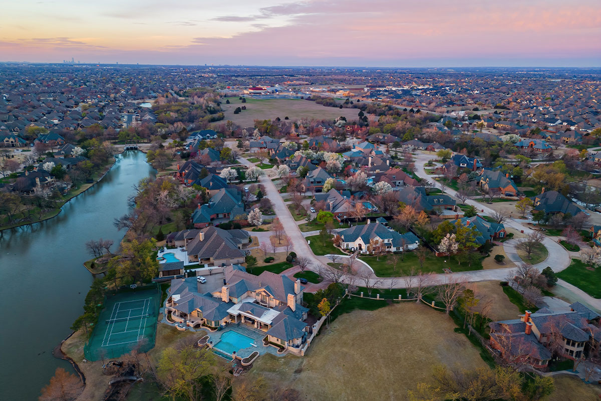 Aerial view of Edmond, Oklahoma at sunset
