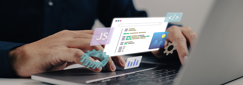 Hands on a laptop with floating web development icons